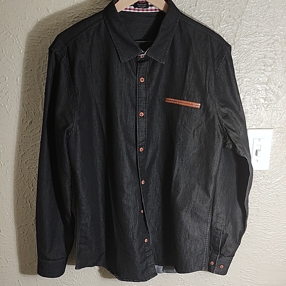 COOF ANDY Men's Black Denim Shirt with Orange Accents
